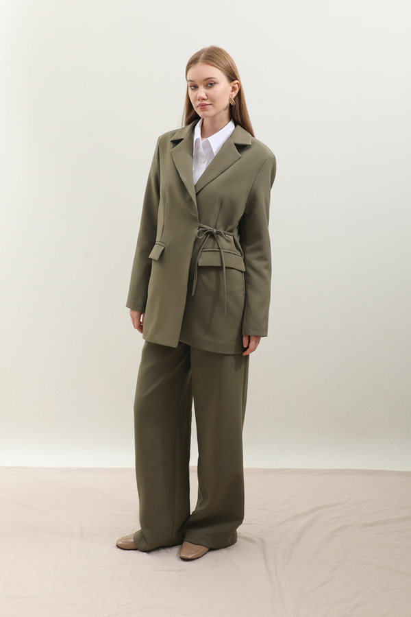 Yandan Bağlamalı Blazer Takım Koyu Haki - 6