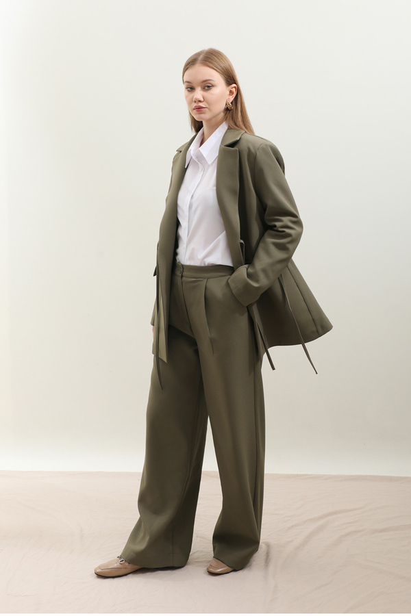 Yandan Bağlamalı Blazer Takım Koyu Haki - 3
