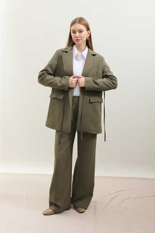 Yandan Bağlamalı Blazer Takım Koyu Haki - 4