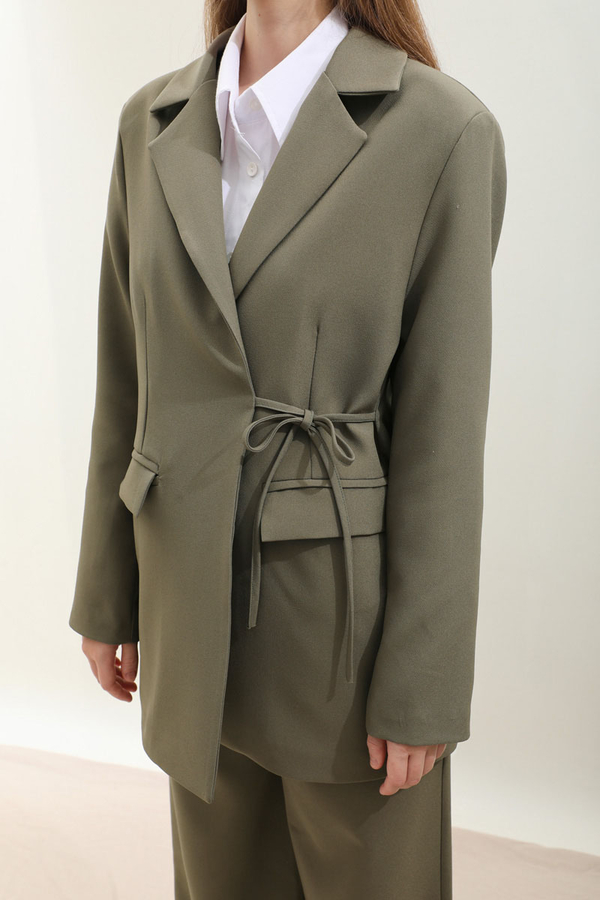 Yandan Bağlamalı Blazer Takım Koyu Haki - 8