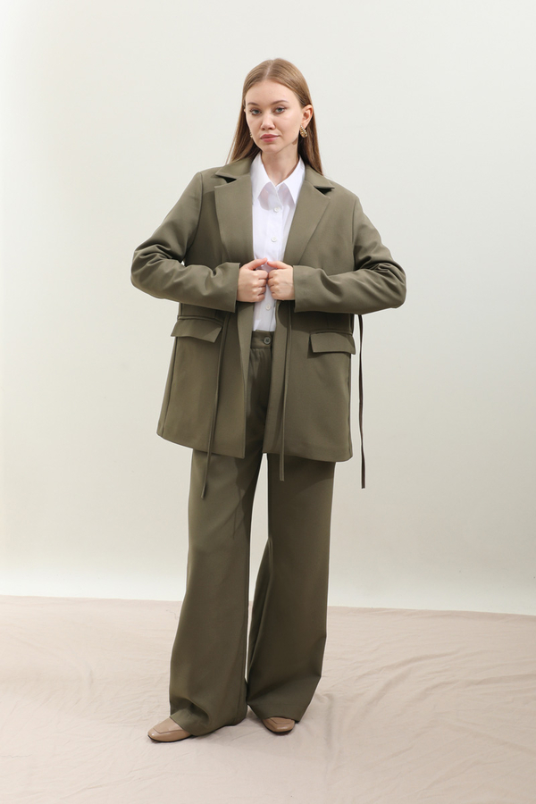 Yandan Bağlamalı Blazer Takım Koyu Haki - 4