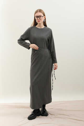 Yandan Bağlamalı Etekli Elbise Antrasit - 2