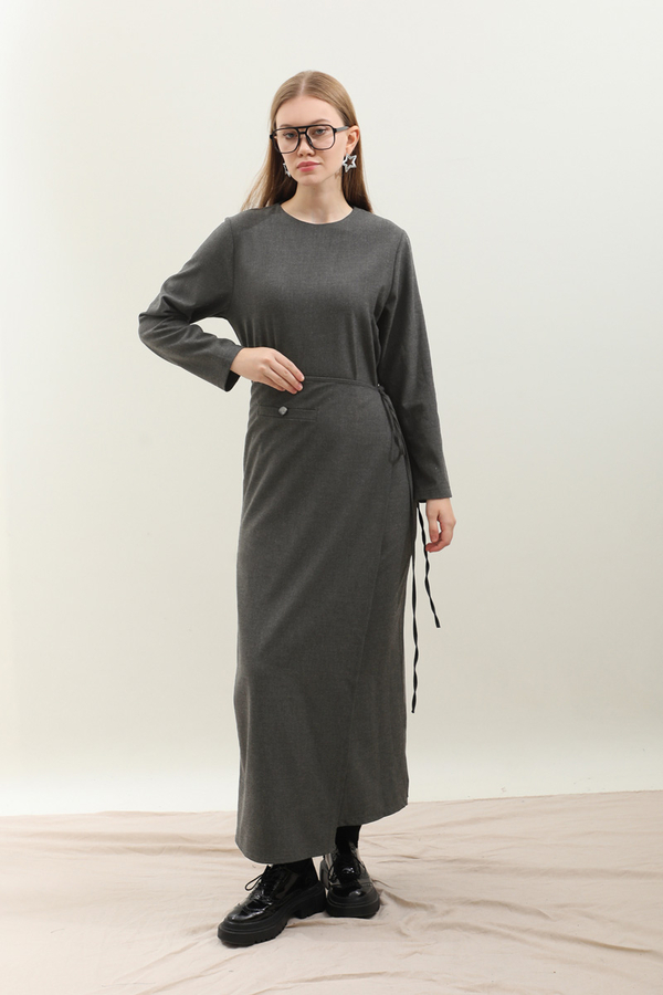 Yandan Bağlamalı Etekli Elbise Antrasit - 2