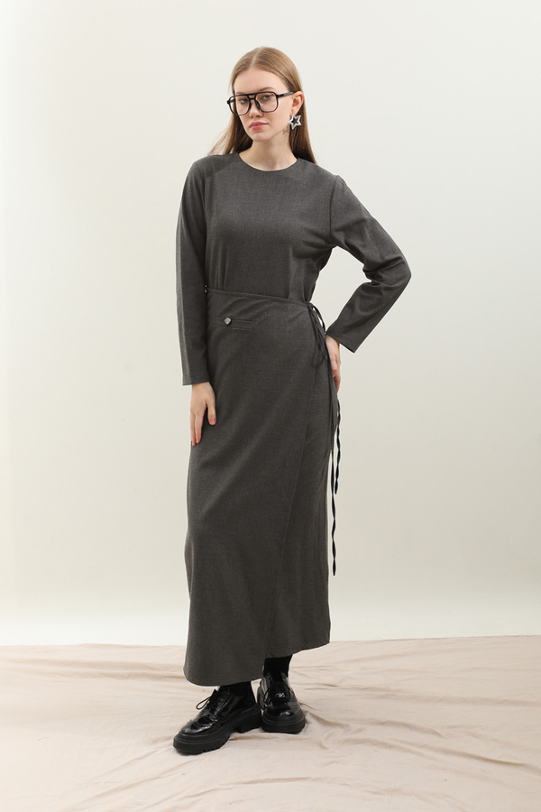 Yandan Bağlamalı Etekli Elbise Antrasit - 1