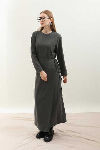 Yandan Bağlamalı Etekli Elbise Antrasit - 3