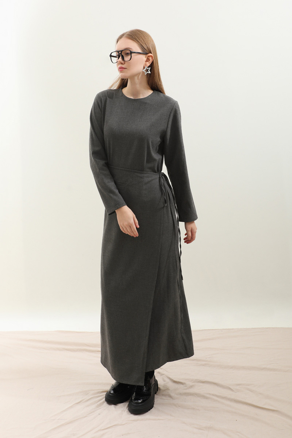 Yandan Bağlamalı Etekli Elbise Antrasit - 3