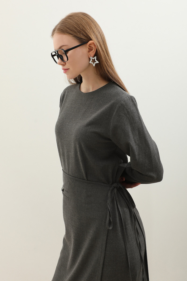 Yandan Bağlamalı Etekli Elbise Antrasit - 5