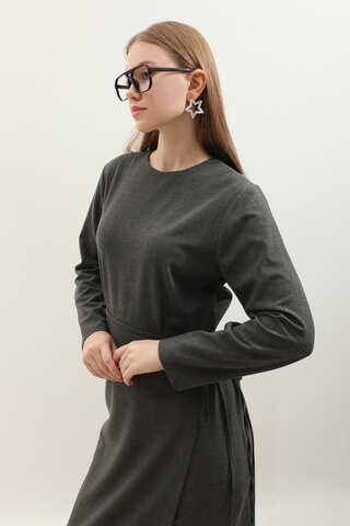 Yandan Bağlamalı Etekli Elbise Antrasit - 6