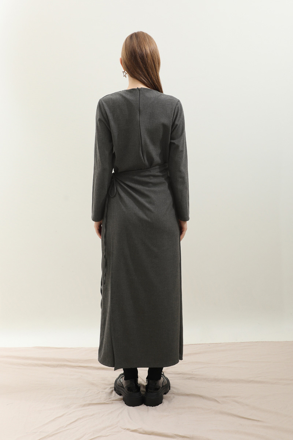 Yandan Bağlamalı Etekli Elbise Antrasit - 9