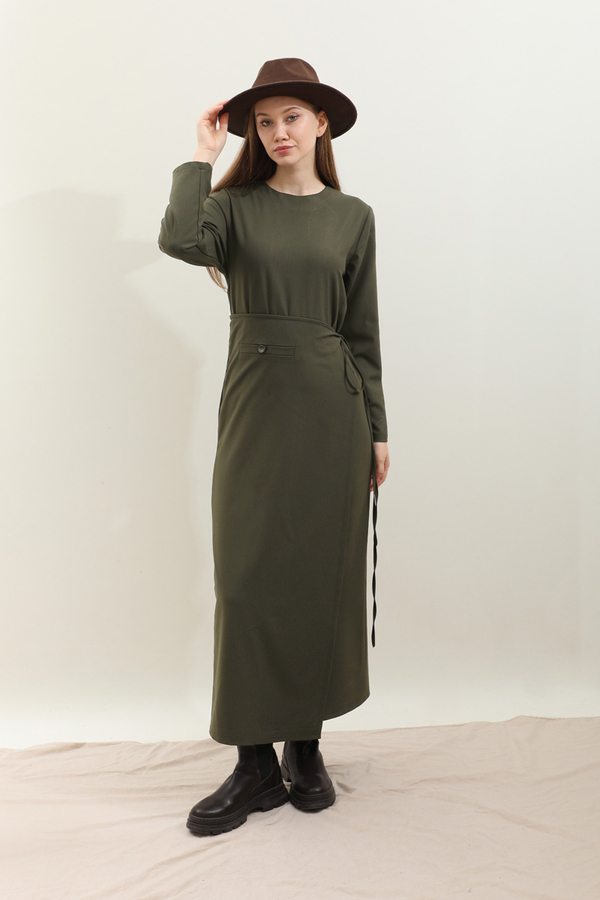 Yandan Bağlamalı Etekli Elbise Haki - 2