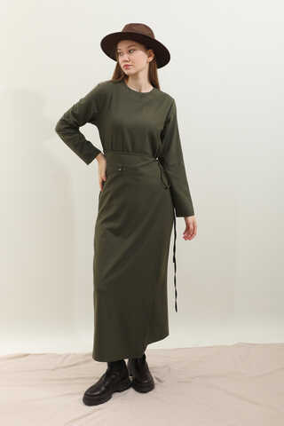 Yandan Bağlamalı Etekli Elbise Haki - 1