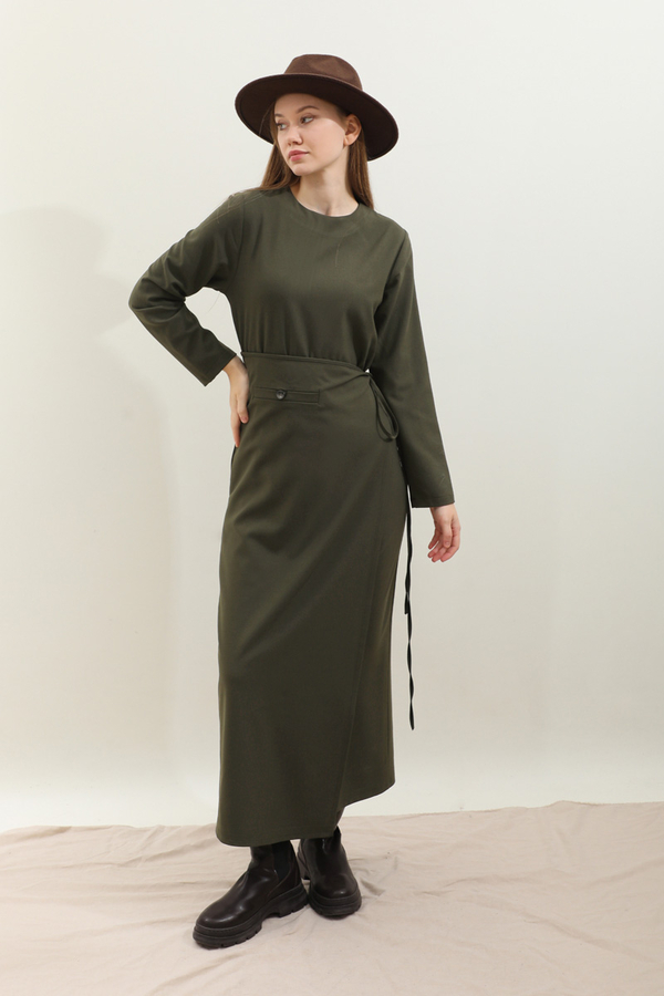 Yandan Bağlamalı Etekli Elbise Haki 