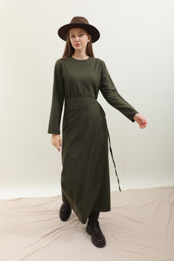 Yandan Bağlamalı Etekli Elbise Haki - 3