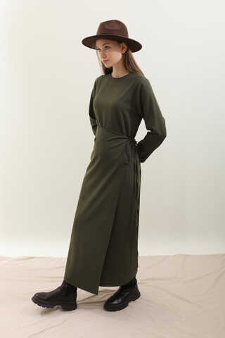 Yandan Bağlamalı Etekli Elbise Haki - 4