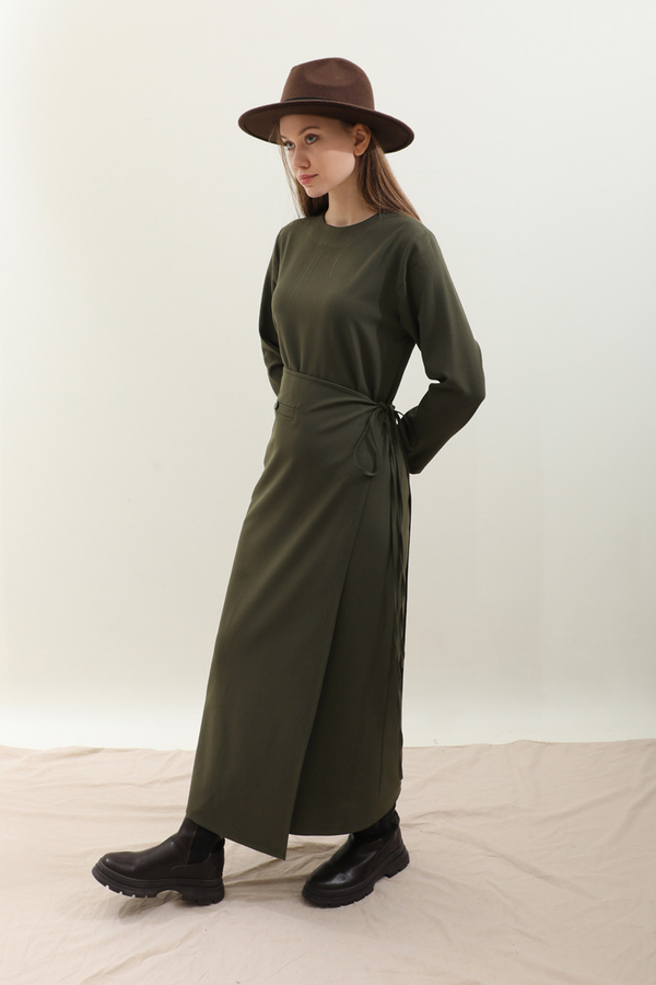 Yandan Bağlamalı Etekli Elbise Haki - 4