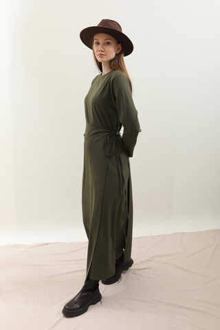 Yandan Bağlamalı Etekli Elbise Haki - 5