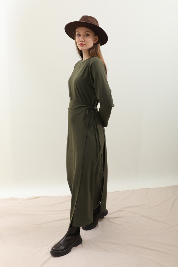 Yandan Bağlamalı Etekli Elbise Haki - 5