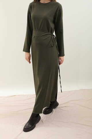 Yandan Bağlamalı Etekli Elbise Haki - 6