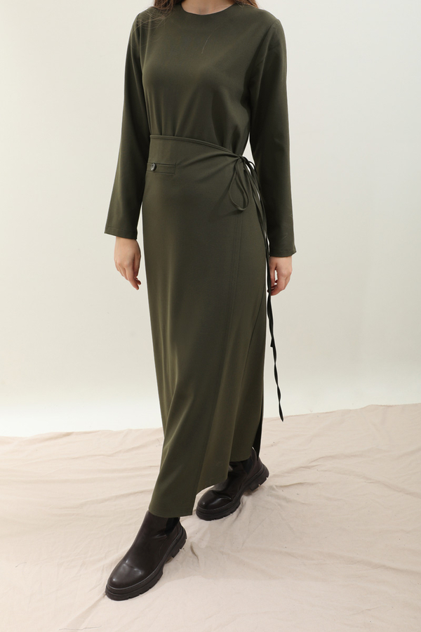 Yandan Bağlamalı Etekli Elbise Haki - 6