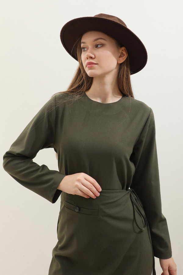 Yandan Bağlamalı Etekli Elbise Haki - 7