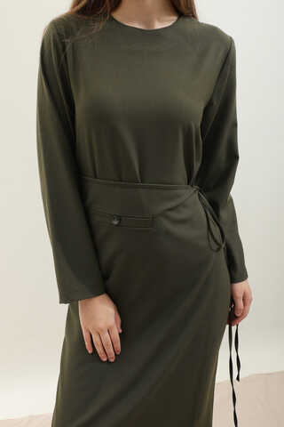 Yandan Bağlamalı Etekli Elbise Haki - 8