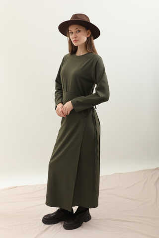 Yandan Bağlamalı Etekli Elbise Haki - 9