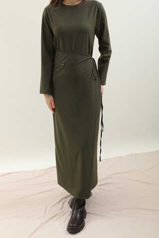 Yandan Bağlamalı Etekli Elbise Haki - 10