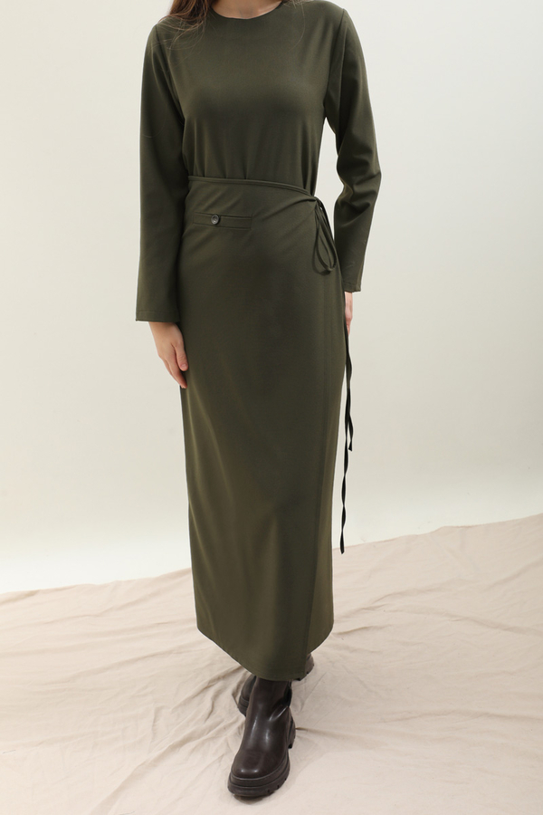 Yandan Bağlamalı Etekli Elbise Haki - 10