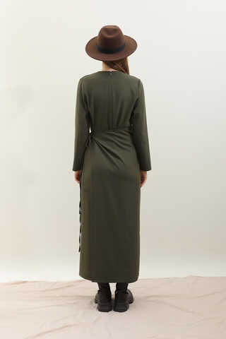 Yandan Bağlamalı Etekli Elbise Haki - 11