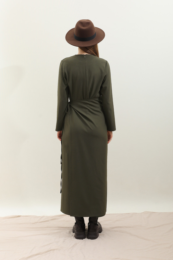 Yandan Bağlamalı Etekli Elbise Haki - 11