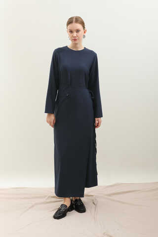 Yandan Bağlamalı Etekli Elbise Lacivert - 1