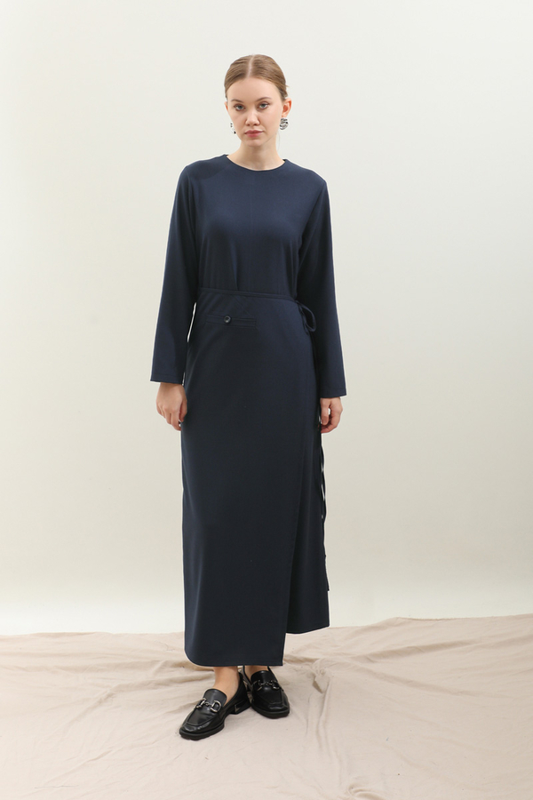 Yandan Bağlamalı Etekli Elbise Lacivert 