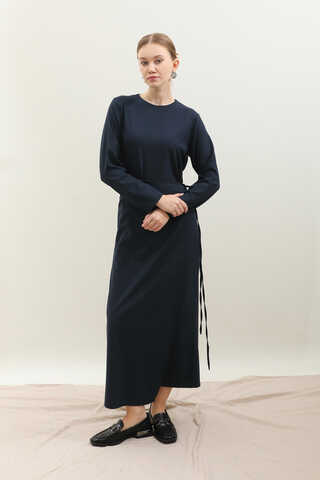 Yandan Bağlamalı Etekli Elbise Lacivert - 2