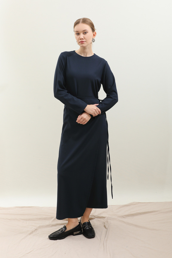Yandan Bağlamalı Etekli Elbise Lacivert - 2