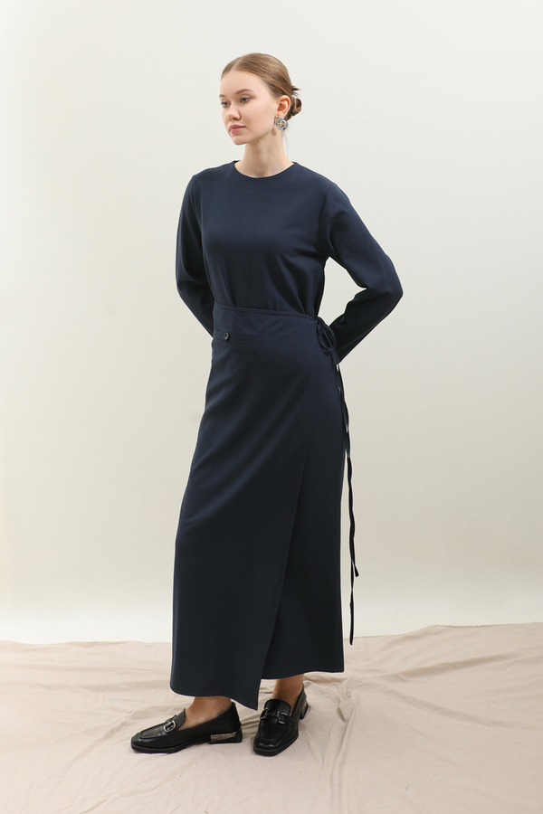 Yandan Bağlamalı Etekli Elbise Lacivert - 3