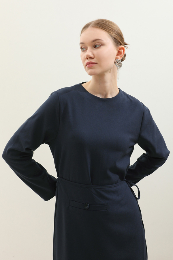 Yandan Bağlamalı Etekli Elbise Lacivert - 5