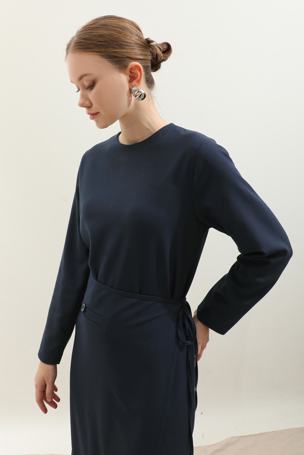 Yandan Bağlamalı Etekli Elbise Lacivert - 6