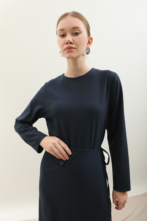 Yandan Bağlamalı Etekli Elbise Lacivert - 8