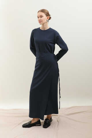 Yandan Bağlamalı Etekli Elbise Lacivert - 3