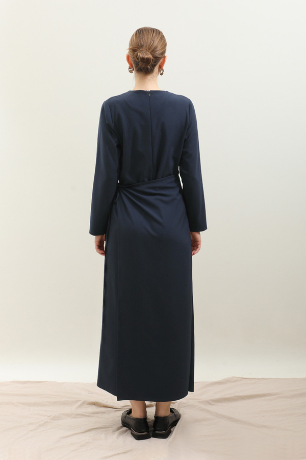 Yandan Bağlamalı Etekli Elbise Lacivert - 9