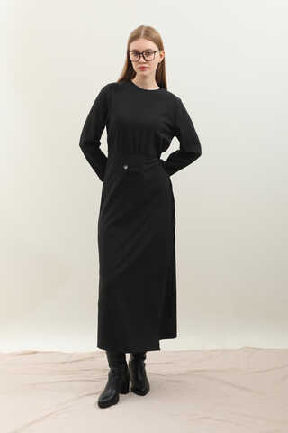 Yandan Bağlamalı Etekli Elbise Siyah - 1