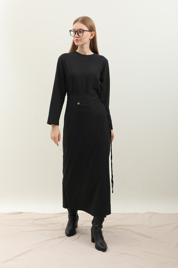 Yandan Bağlamalı Etekli Elbise Siyah - 2