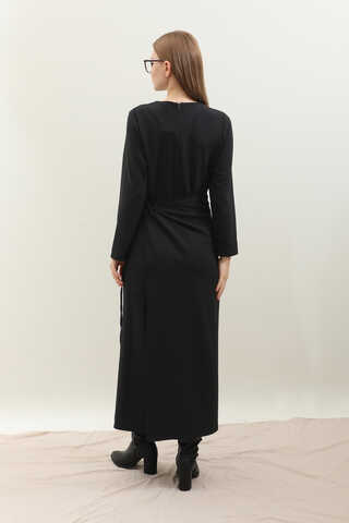 Yandan Bağlamalı Etekli Elbise Siyah - 9