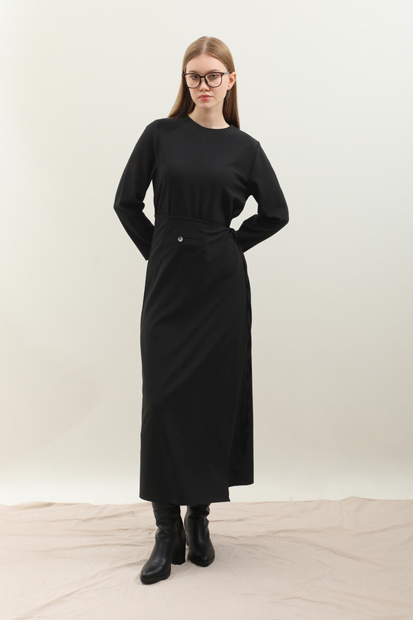 Yandan Bağlamalı Etekli Elbise Siyah 