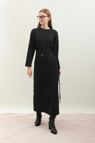 Yandan Bağlamalı Etekli Elbise Siyah - 2