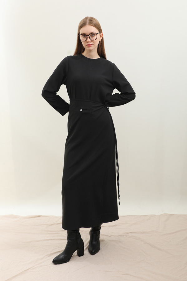 Yandan Bağlamalı Etekli Elbise Siyah - 3