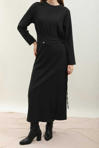 Yandan Bağlamalı Etekli Elbise Siyah - 4