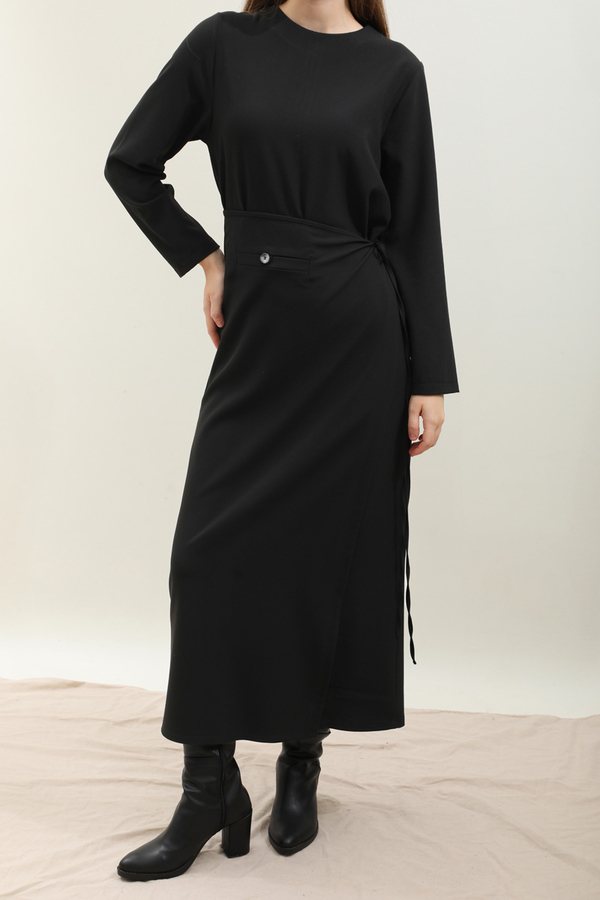 Yandan Bağlamalı Etekli Elbise Siyah - 4