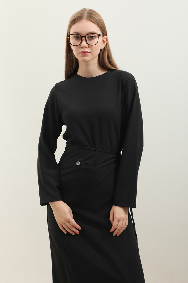 Yandan Bağlamalı Etekli Elbise Siyah - 5