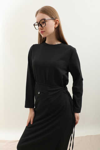 Yandan Bağlamalı Etekli Elbise Siyah - 7